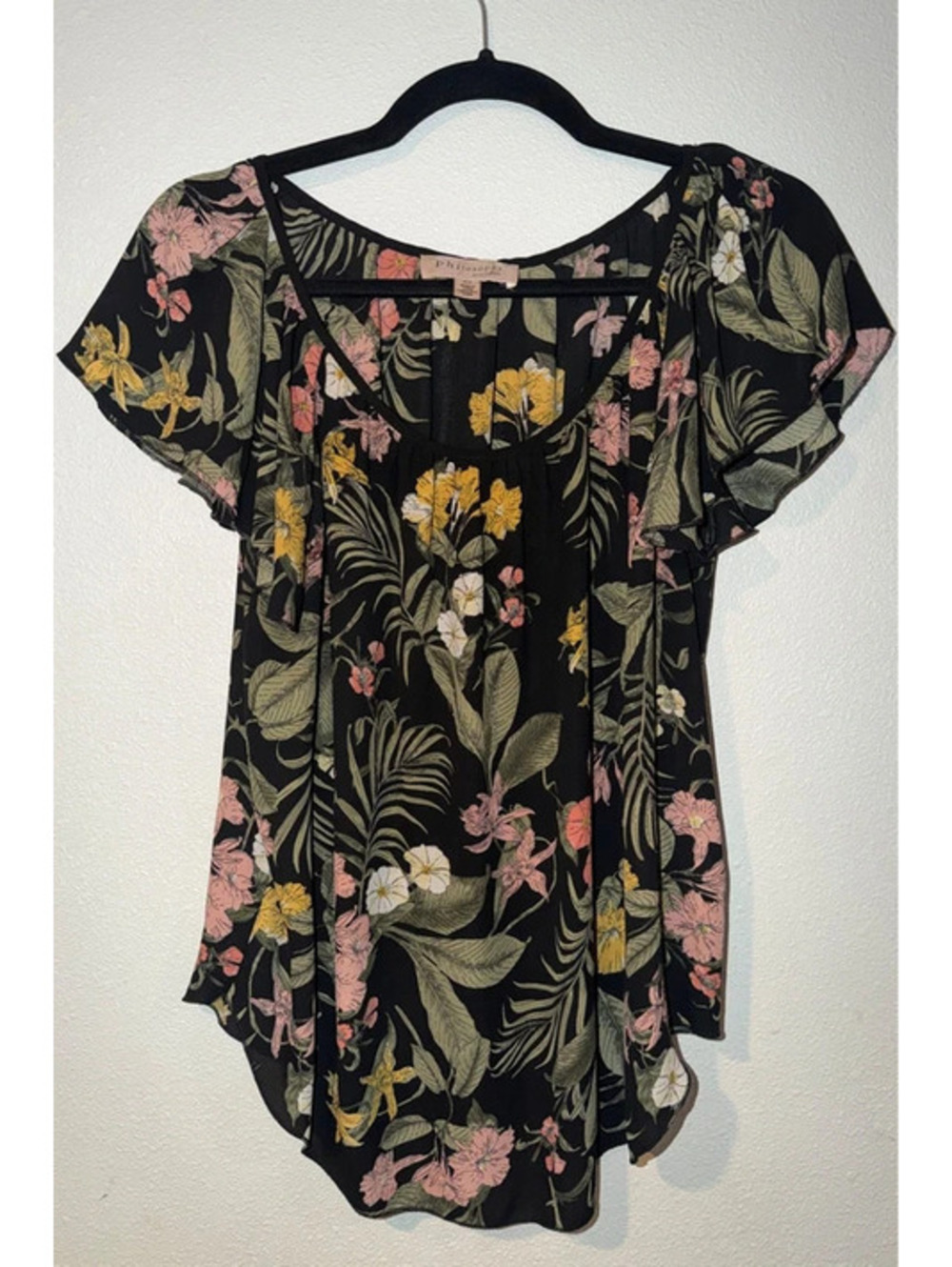 Philosophy Republic Clothing Black Floral Flutter Sleeve Blouse Women’s Small